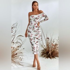 Bella barnett Grece One Shoulder white floral Mesh Midi Dress brand new